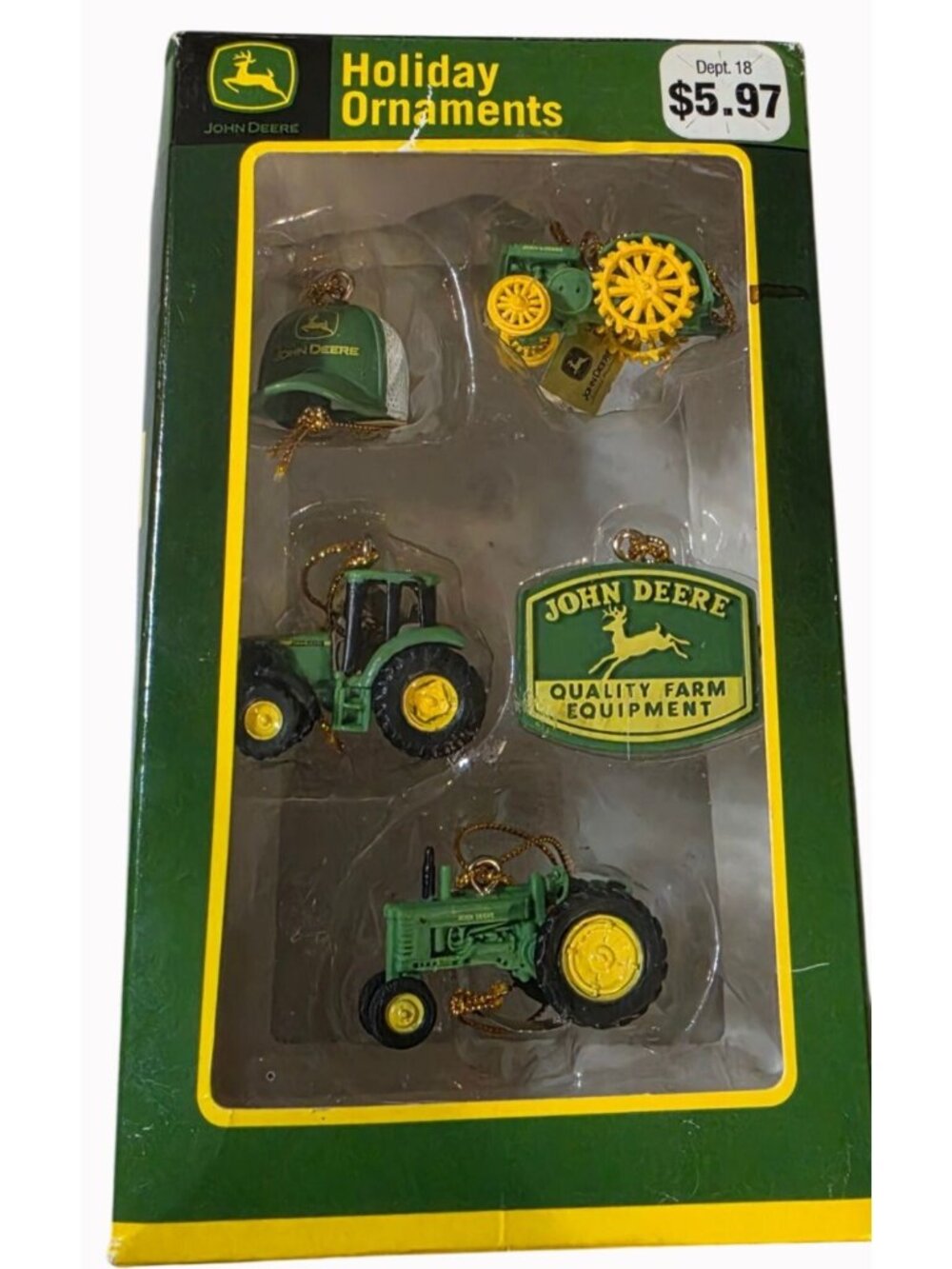 2008 Enesco John Deere Holiday Ornaments 5pc Set - Micro Tractors, Hat, & Sign